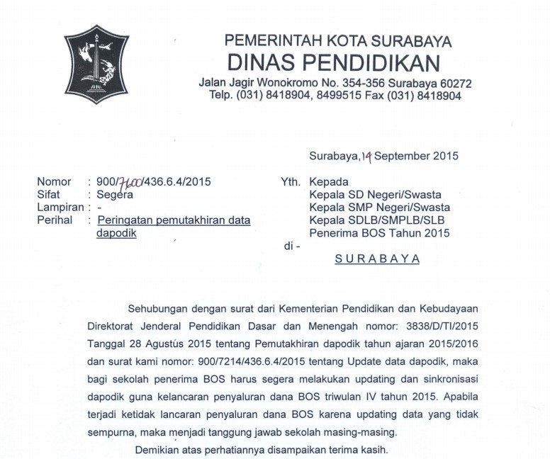 Surat Peringatan Pemutakhiran Data Dapodik Uptd Bps Surabaya 1